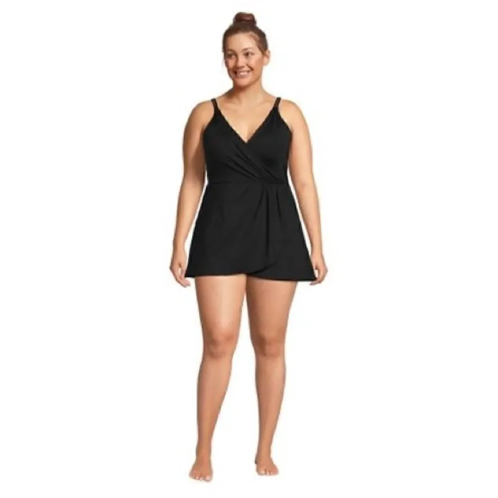 Land’s End plus size tulip wrap 1 piece swimsuit adjustable soft cup black L